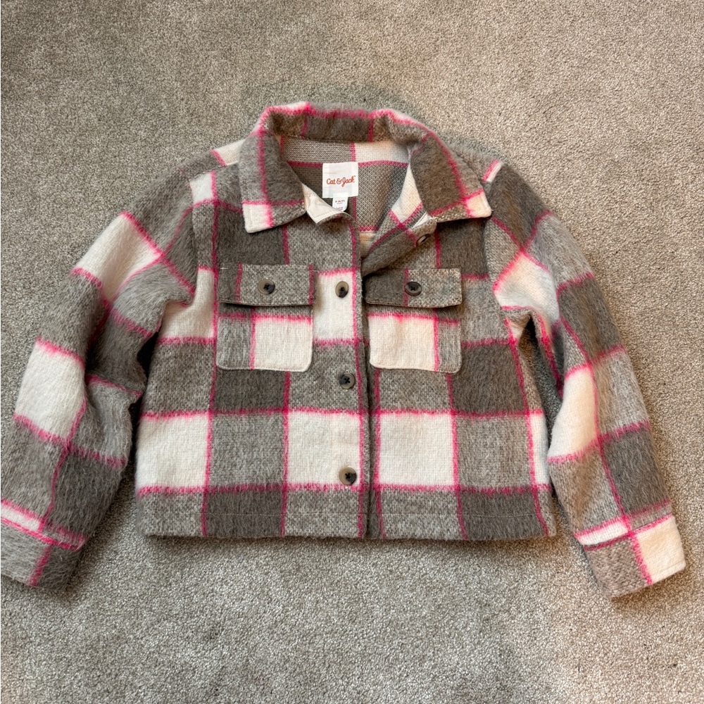 Cat & Jack Kids Plaid Jean Jacket - Gray, Pink, and White Small 6/7